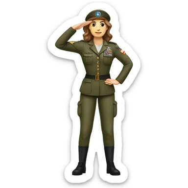 White woman long brown hair in army uniform saluting   sticker