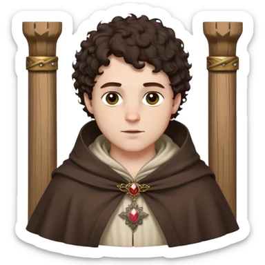 medieval spring outfit worn by a DnD themed fantasy male character. thin wool tunic with a light cloak draped over one shoulder, secured by a wooden brooch. clothes only above the waist. The clothes full waist. The character's haven't arms. character is white-skinned, dark brown hair, hazel eyes, short curly hair. sticker