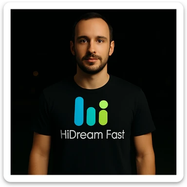 man wearing tshirt with this logo, dark night background with dim , add fast below logo, make man fit into image, add fast insead pf the dev keep rest same sticker