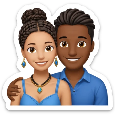 smiling embracing interracial couple from waihair in a bunn in a bunst up. dark ebony woman with long braided hair and jewelry. brazillian man short hair wearing blue. sticker