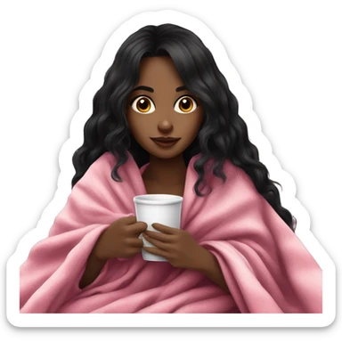 very long black hair pretty dark girl in a pink blanket sipping coffee sticker
