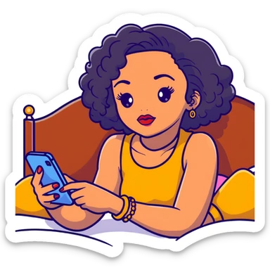 Brown-skinned teenage girl with curly black hair lying on bed looking at smartphone, heavy makeup, big lips, crop top, gold jewelry, choni style outfit sticker