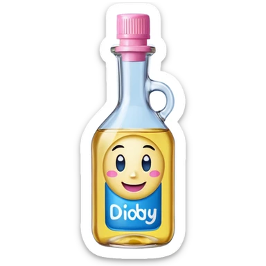 Smiling bottle of oil blue top pink outside with logo that says Diddy oil sticker