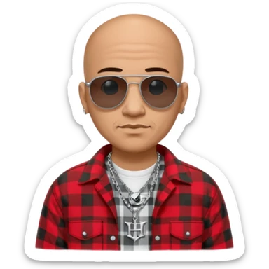 bald mexican cholo with black sunglasses a silver necklace witth h engraved on emblem and flannel shirt sticker