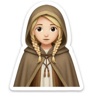 girl with blond braids wearing a tunic and a cloak with a hood over her shoulders holding a white cloth, medieval age sticker