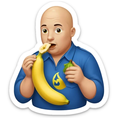 bald a bit fat man in a blue uniform eating radioactive banana sticker