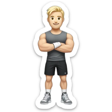 Full height Pale skinned fit man With the biceps and blonde hair In dark gray sleeveless mike, black oversize sports shorts, watch and white sneakers. his arms crossed over his chest sticker