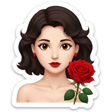 A woman with dark wavy hair, a single red rose behind one ear, and a confident gaze sticker