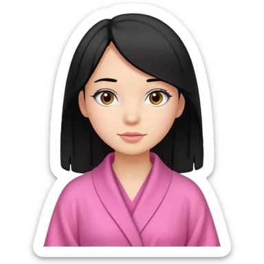 A girl who has black hair (straight but slightly wavy at the end), has a medium to bright skin tone, wearing a pink robe sticker
