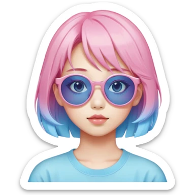 Vaporwave aesthetic Japanese girl with pastel pink hair, retro 80s sunglasses, nostalgic color palette of pink and blue, Japanese kanji characters floating, gradient background sticker