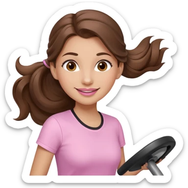 girl with wavy long ponytail brown hair, brown eyes, light to medium complexion, long lashes, light pink lipstick, wearing light pink shirt, on an elliptical sticker