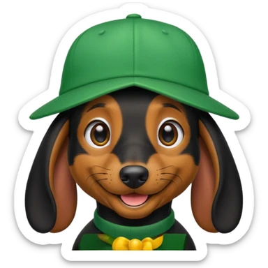 Black Dachshund in Green Cap in iOS 18 Emoji Style sticker