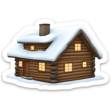 Winter log cabin with snow on the roof and a chimney sticker