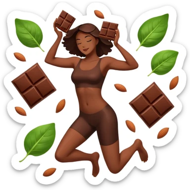 Relaxed body silhouette surrounded by floating food: several large, shiny dark chocolate squares prominently featured, along with spinach leaves, almonds, and seeds. Gentle light connecting these foods to muscles and nervous system, creating a calming effect throughout the body. sticker