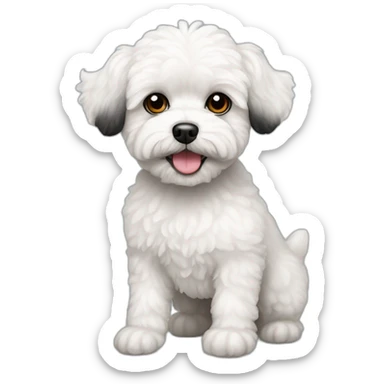 White maltipoo dog with right black ear and right black eye patch sticker