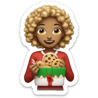 Light skinned women with curly hair eating a Christmas cookie sticker