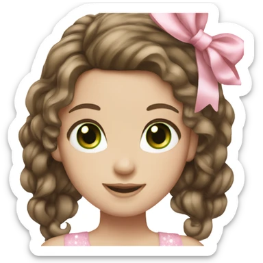 girl with brown hair and green eyes wearing a pink bow in hair, smiling, white glitter eyeshadow, pale skin,  sticker