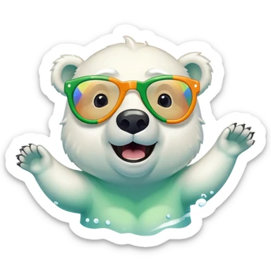 friendly anthropomorphised polar bear swimming freestyle, excited expression, wearing large multicolored star-shaped glasses, no St. Patrick's Day outfit sticker