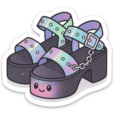 Add a holographic effect to the black-to-pastel pink gradient platform sandals with silver studs and chains, subtle glitter, kawaii style, no socks, no hearts, transparent background sticker