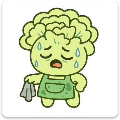 light green carnation flower with a messy apron and exhausted face, sweat dripping, holding a cleaning rag, super round chibi style, pastel-toon style sticker