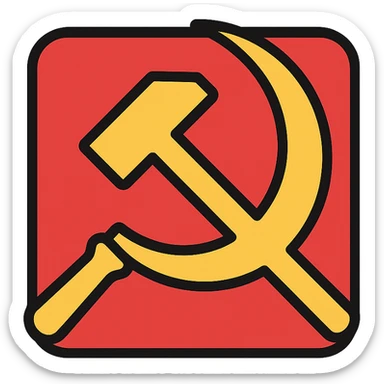 yellow sickle and hammer crossed over, red background, icon style sticker