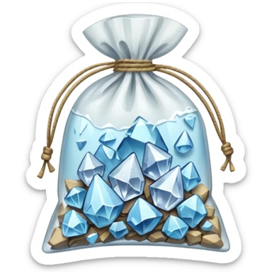 A transparent baggie tied at the top containing clear glass pieces crushed into shards and chunks of crystal clear with white hue glass only sticker