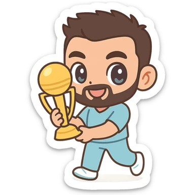 Virat Kohli, chibi style, big eyes, cricket uniform, playful expression, holding a trophy sticker