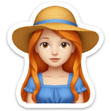 girl_wearing_summer_hat, orrange long hair, blue dress sticker