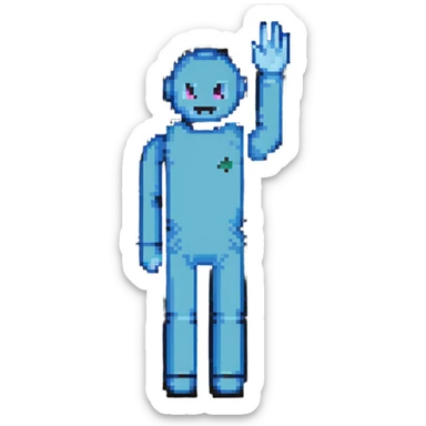 stick man waving in classic 8-bit pixel art style sticker