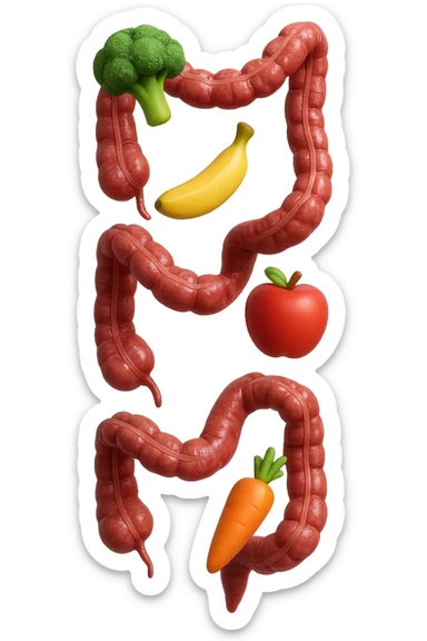 emoji stile iphone in 3d di cibo sano che fluttua in aria vericalmente insieme a pezzi di colon umano anatomico, iperrealistico 4k sticker