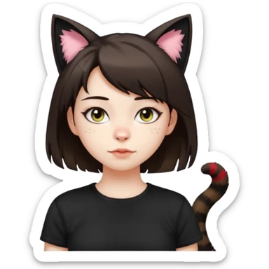 a girl with pale skin, short dark brown hair with lots of dandruff , cat ears and a tail, with a black t-shirt on sticker