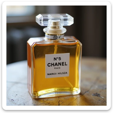 photorealistic Chanel No. 5 bottle cake, gold and clear sugar details, no background sticker