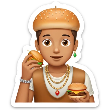boy enjoying burger and jewelry sticker