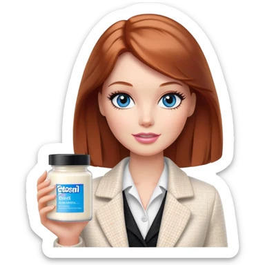 A Barbie girl with blue eyes, shoulder-length reddish-brown hair with makeup, wearing a white tweed jacket and a black skirt, holds pale beige body moisturizer cream pot sticker