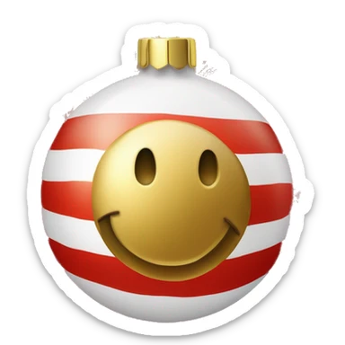 Create a smiley face of a Christmas tree toy in the form of a ball with patterns of snowflakes or stripes. The color of the ball is gold, red or silver to match the Christmas theme sticker