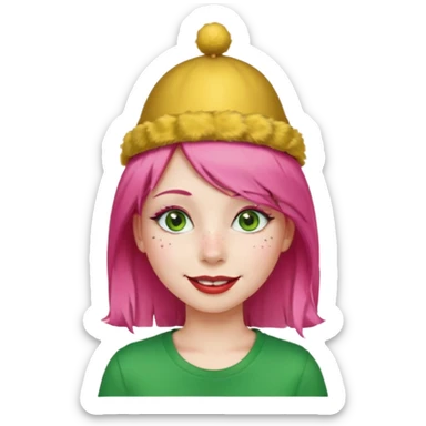 Create a girl with pink hair and green eyes with long eyelashes and a smiley face. She has freckles in her face and a lit of bit of lipstick on her mouth, she’s also got gold birthday hat on her head with gold pom poms on top of it, and her T-shirt is red sticker
