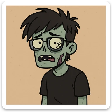 zombie boy with emo hair, screwed glasses, and black shirt, cartoon style sticker