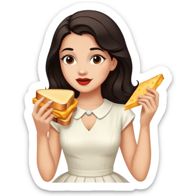 Beautiful woman in 1950’s woman fashion look, white dress, long dark brown hair, grilled cheese sandwiche sticker