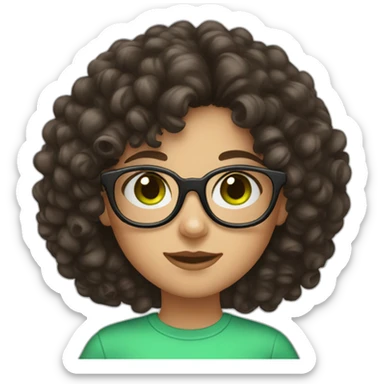 a young lady with dark brown curly hair and green eyes and round glasses sticker