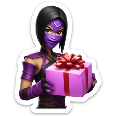 Mileena from mortal kombat holding Christmas present sticker