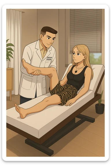 fai un webtoon/manga a colori con questo kinesiologo in camice bianco (fagli la scritta "ANTONIO ANANIA" SUL CAMICE) CHE SVOLGE UN TEST NEUROMUSCOLARE SOLLEVANDO UNA GAMBA ALLA RAGAZZA CHE è STESA SU UN LETTINO BIANCO. STANZA SEMPLICE E MODERNA, DURANTE IL TEST I DUE DIALOGANO TRA LORO. NON FARE I FUMETTI, FAI SOLO LORO COME SE DIALOGASSERO sticker