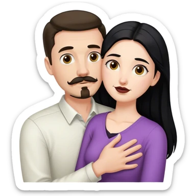 Tall white man with dark brown mustache and goatee hugging a short pale woman with long black hair sticker