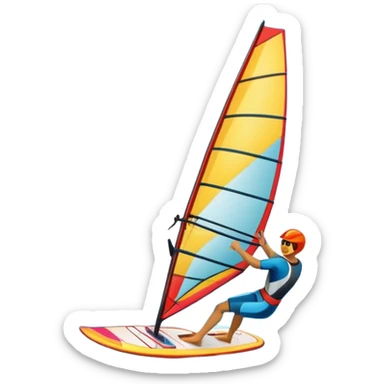 A windsurfer gliding across the ocean, with a vibrant sail catching the wind. The scene captures the motion of the board riding the ocean waves, surrounded by the bright blue sky and ocean, symbolizing the excitement and skill required in the sport of windsurfing. sticker