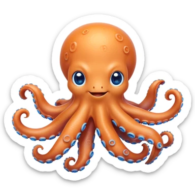 Cinematic Cute smiling Octopus Portrait Emoji, Head tilted playfully and inquisitively, featuring a rounded, light orange body embellished with playful blue rings, eight adorably curling arms, and big, twinkling eyes full of wonder, Simplified yet irresistibly adorable features, highly detailed, glowing with a warm, inviting underwater glow, high shine, affectionate and lively, stylized with a touch of whimsical cartoon charm, soft glowing outline, capturing the essence of a mischievous yet loving octopus that seems as if it could bob out of the screen into your arms! sticker