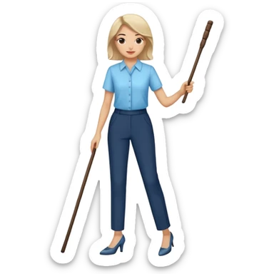 female smart light blue blouse, dark trousers, shoes. one hand holding a stick sticker