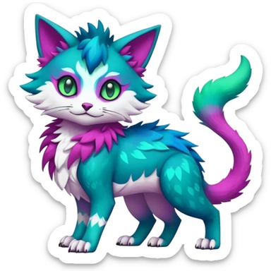 Kawaii cute colorful iridescent deep-dark-turquoise-green and magenta and white beautiful pretty elegant divine edgy feline-vernid-sergal-Fakémon-Pokémon-fursona-animal-creature with accessories, full body, with intricate detailed markings sticker