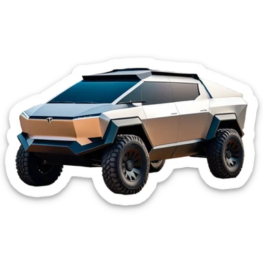 Tesla Cybertruck - A futuristic Tesla Cybertruck, angular and geometric with a sharp, triangular body shape. Stainless steel exoskeleton with a raw, unpainted, brushed-metal finish. A sleek, narrow LED light bar stretches across the entire front. Large, rugged off-road tires with exposed wheel arches. Smooth, handle-free doors and a slanted, armored rear with a retractable tonneau cover. Rear LED strip mirroring the front. The vehicle looks like a sci-fi-inspired, bulletproof stealth tank on wheels, set in a high-tech urban environment at sunset, with reflections on its metallic surface. sticker