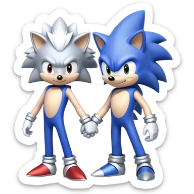 Blue Sonic the Hedgehog and silver-colored Silver the Hedgehog holding hands together side by side sticker
