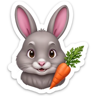 Head of a grey rabbit, grinning, holding a carrot close to face
 sticker