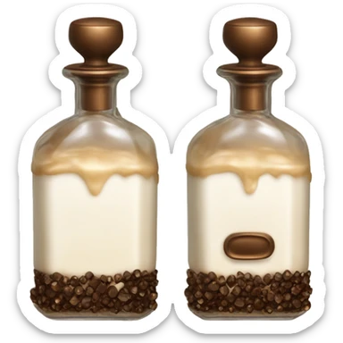 Antique parfumerie bottle with oil, made of bronze and brown crystals, white cream and coffee milk pour from the bottle sticker